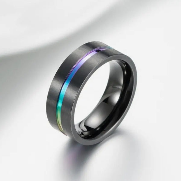 Black Rainbow Pride Band Ring in Stainless Steel (Choose Your Size) - The Glass Hall - Perimade