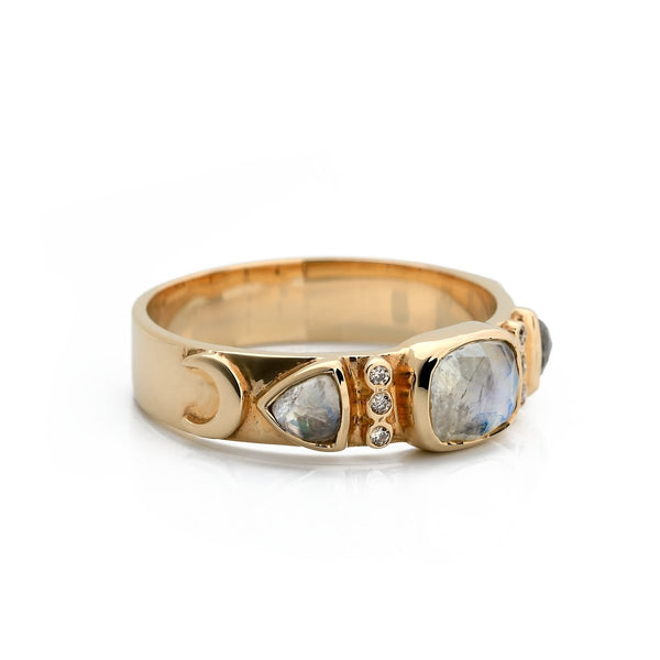 Central Moonstone and Side Moonstones with Diamonds Ring - The Glass Hall - Celine Daoust