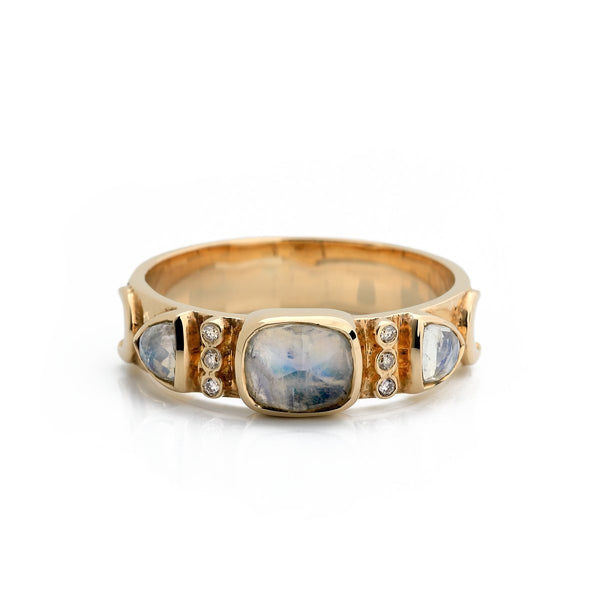 Central Moonstone and Side Moonstones with Diamonds Ring - The Glass Hall - Celine Daoust