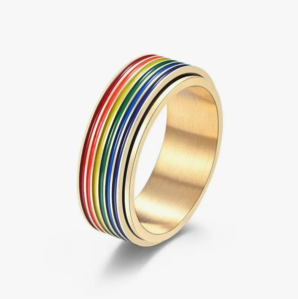 Rainbow Pride Fidget Spinner Ring in Stainless Steel (Choose Your Size) - The Glass Hall - Perimade
