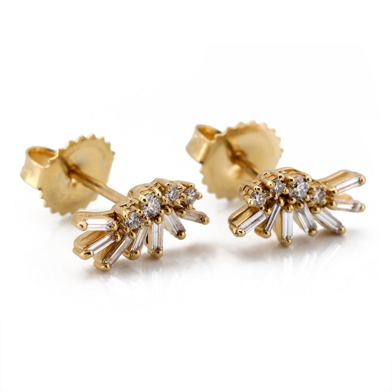 Round and Baguette Diamond Post Earrings on Fireworks Setting - The Glass Hall - Suzanne Kalan