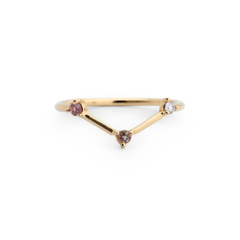 Three-Step Triangle Ring with 2mm pink tourmaline, sunstone and white diamond - The Glass Hall - Wwake